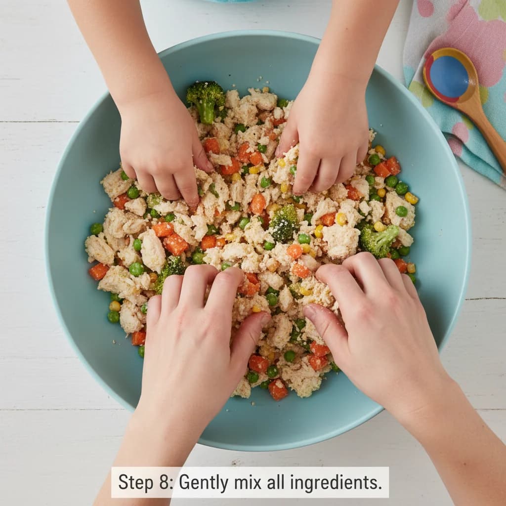 Step 8: Gently mix all the ingredients together with your hands until just combined. Be careful not to overm for Tiny Chicken Veggie Bites