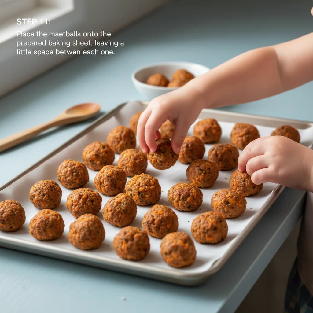 Step 11: Place the meatballs onto the prepared baking sheet, leaving a little space between each one. for Turkey & Sweet Potato Mini-Meatballs