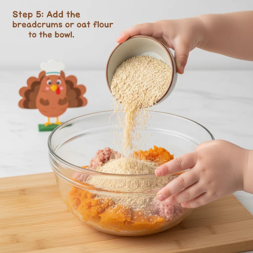 Step 5: Add the breadcrumbs or oat flour to the bowl. This helps bind the ingredients together. for Turkey & Sweet Potato Mini-Meatballs