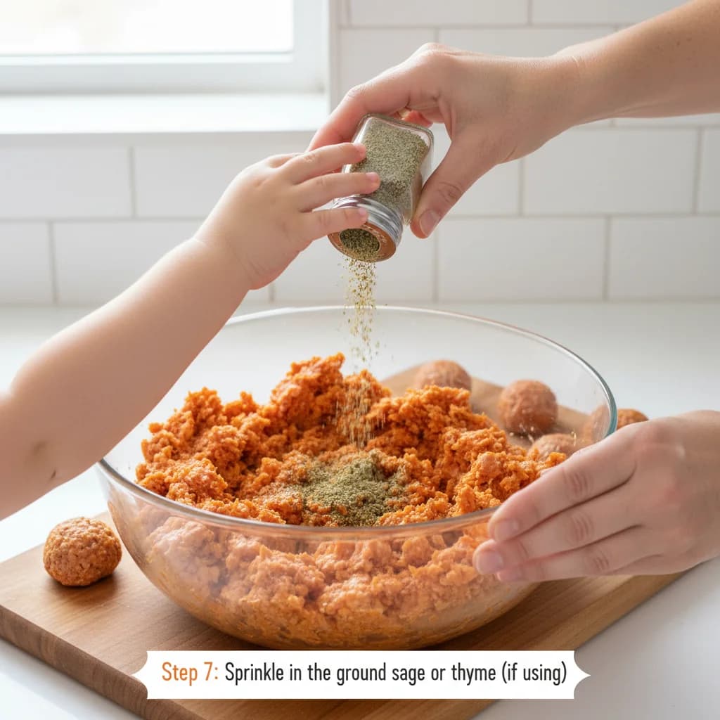 Step 7: Sprinkle in the ground sage or thyme (if using). These herbs add a subtle flavor that complements th for Turkey & Sweet Potato Mini-Meatballs