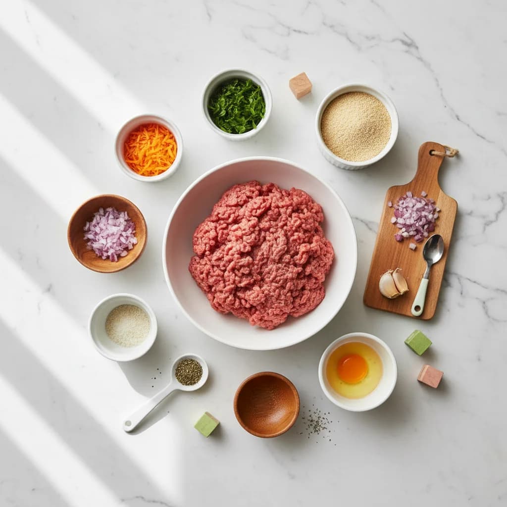 All ingredients needed for Mini Beef & Veggie Meatloaf Muffins arranged on a clean surface