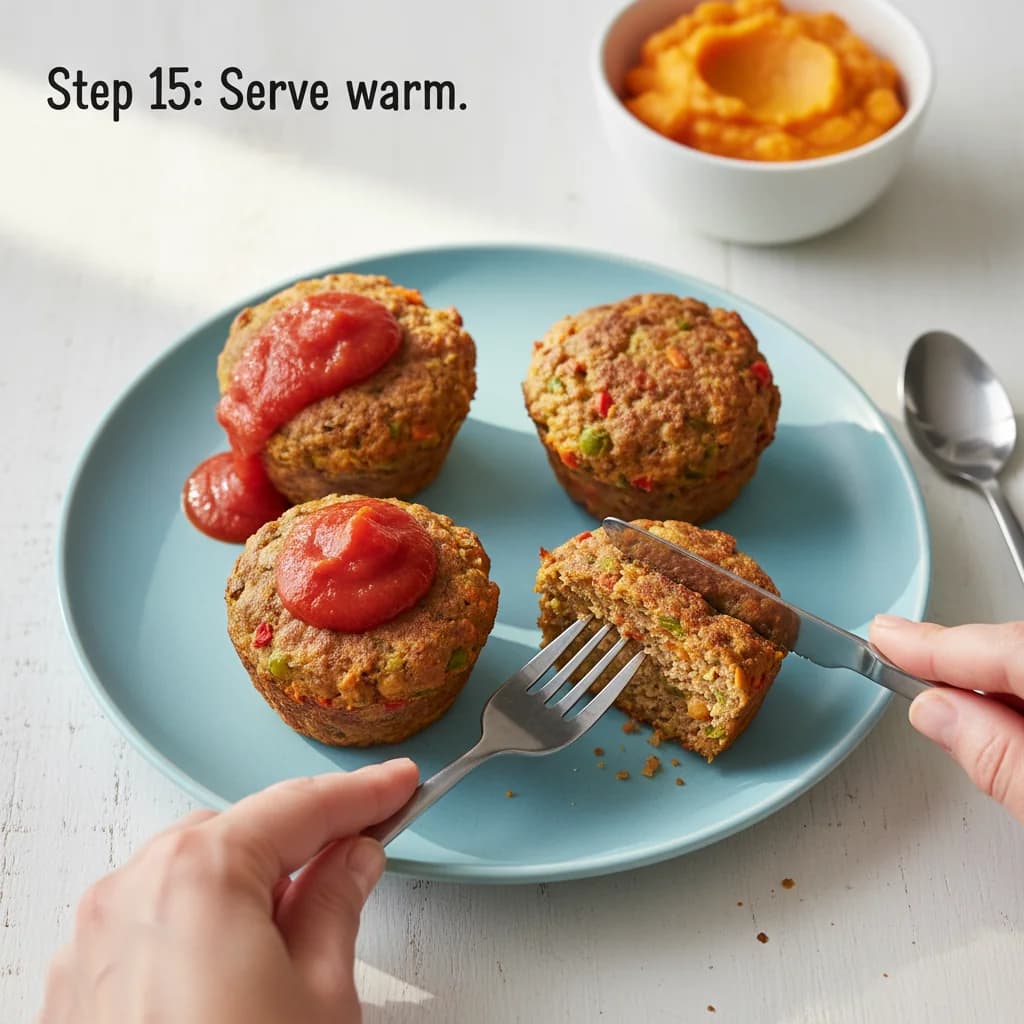 Step 15: Serve warm. You can top each with a spoonful of warm unsalted tomato sauce or a dollop of mashed swe for Mini Beef & Veggie Meatloaf Muffins