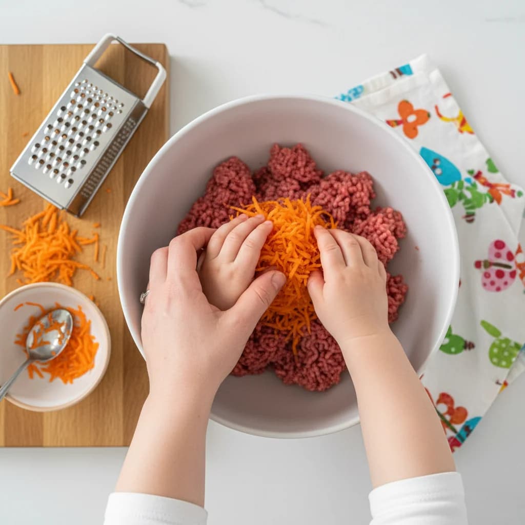 Step 4: Add the finely grated carrot to the bowl with the ground beef. for Mini Beef & Veggie Meatloaf Muffins