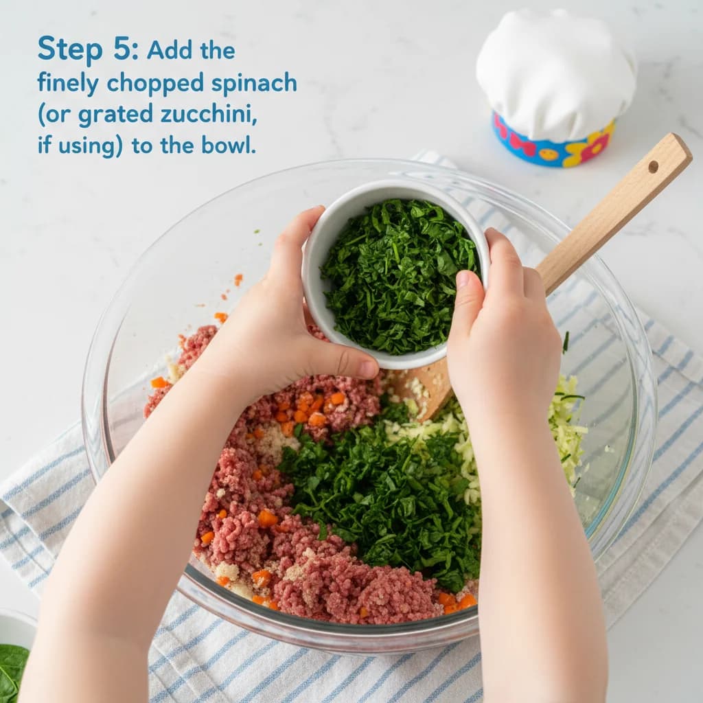 Step 5: Add the finely chopped spinach (or grated zucchini, if using) to the bowl. for Mini Beef & Veggie Meatloaf Muffins