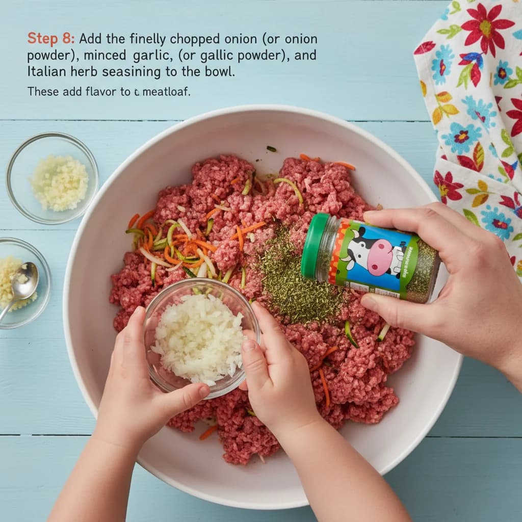 Step 8: Add the finely chopped onion (or onion powder), minced garlic (or garlic powder), and Italian herb s for Mini Beef & Veggie Meatloaf Muffins