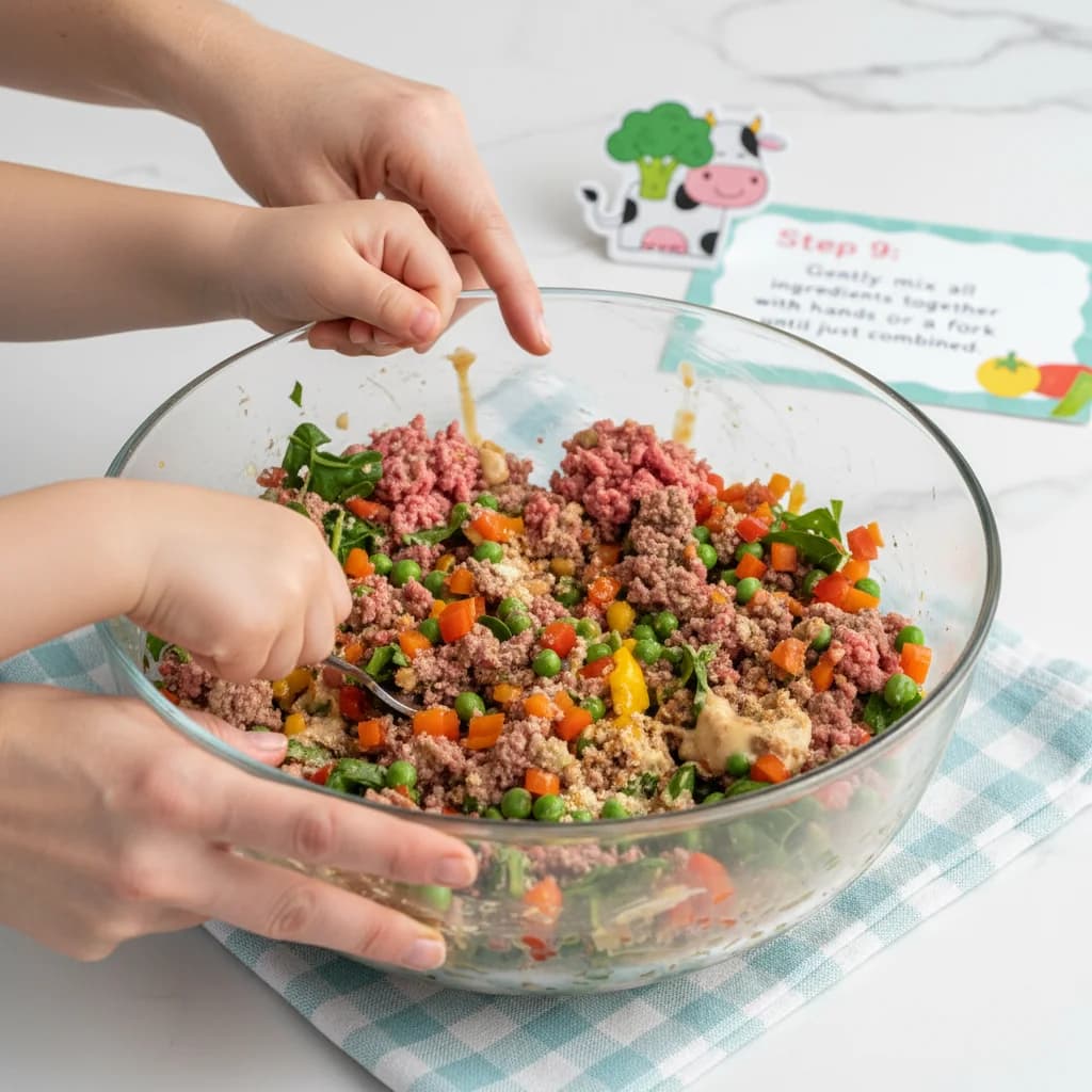 Step 9: Gently mix all the ingredients together with your hands or a fork until just combined. Be careful no for Mini Beef & Veggie Meatloaf Muffins
