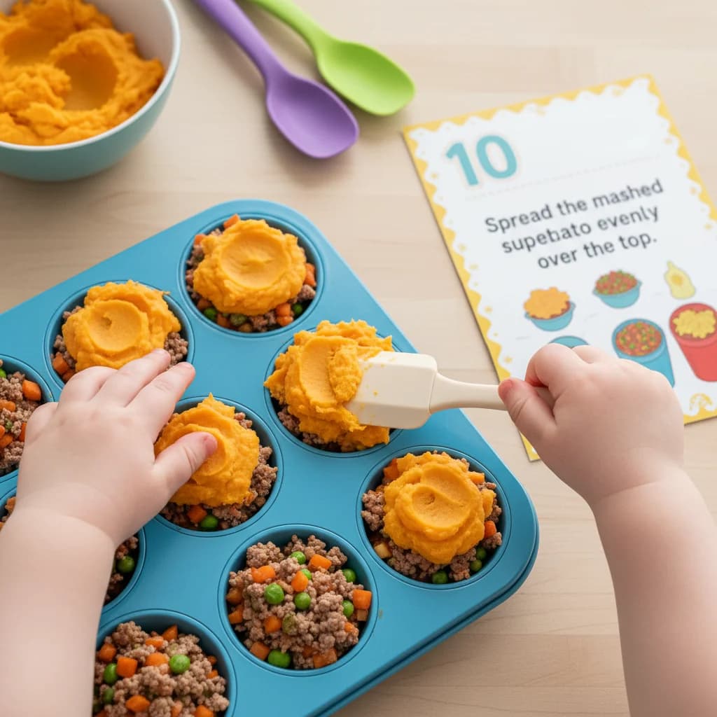 Step 10: Spread the mashed sweet potato evenly over the top of the meat and vegetable mixture. for Sweet Potato Shepherd's Pie Bites