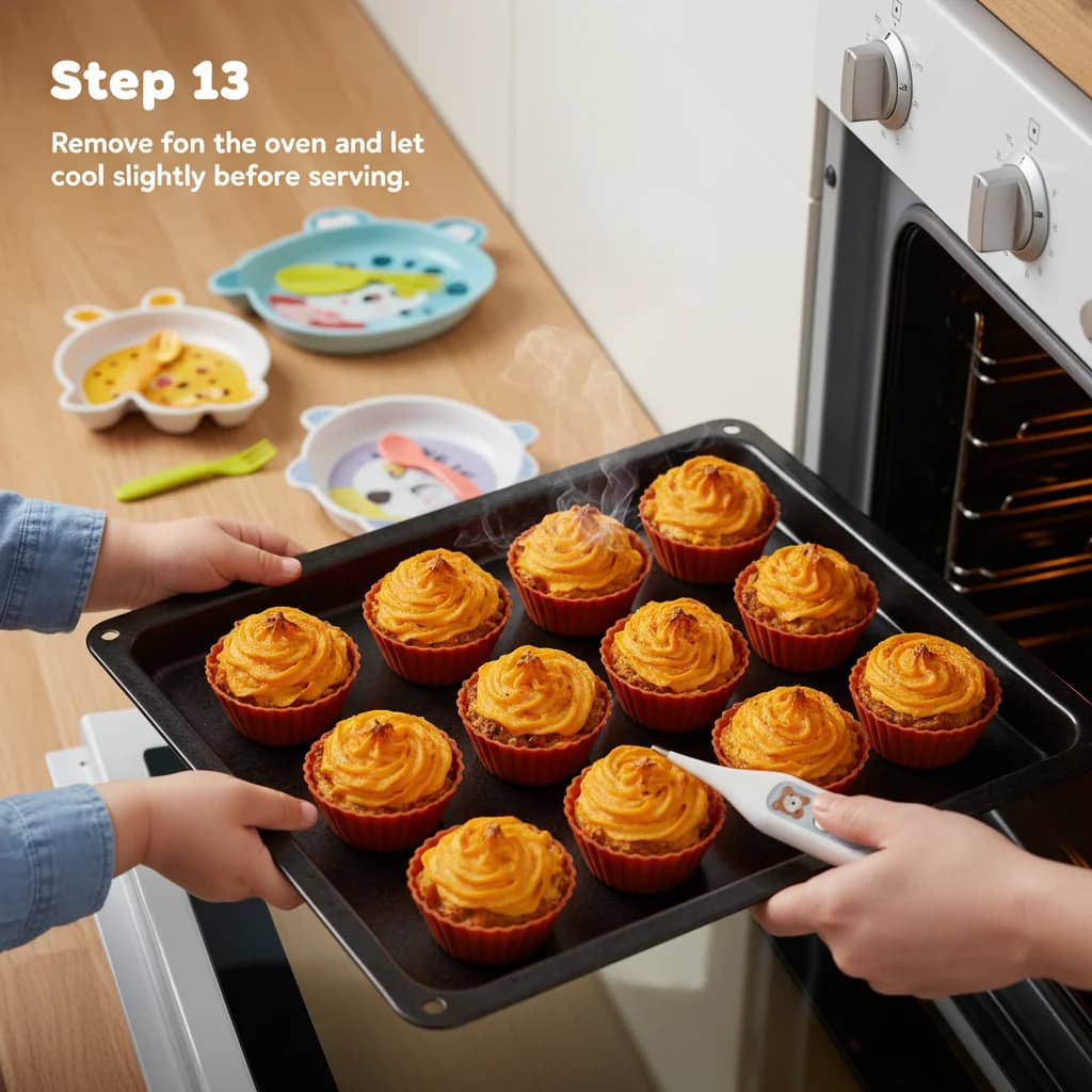Step 13: Remove from the oven and let cool slightly before serving. Be sure to check the temperature before g for Sweet Potato Shepherd's Pie Bites