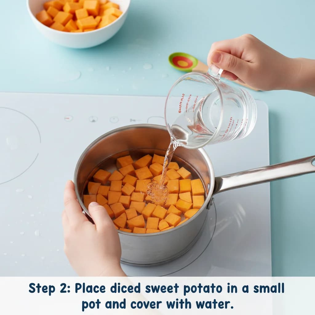 Step 2: Place diced sweet potato in a small pot and cover with water. for Sweet Potato Shepherd's Pie Bites