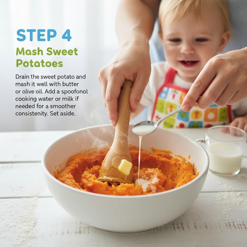 Step 4: Drain the sweet potato and mash it well with the butter (or olive oil). Add a spoonful of cooking wa for Sweet Potato Shepherd's Pie Bites