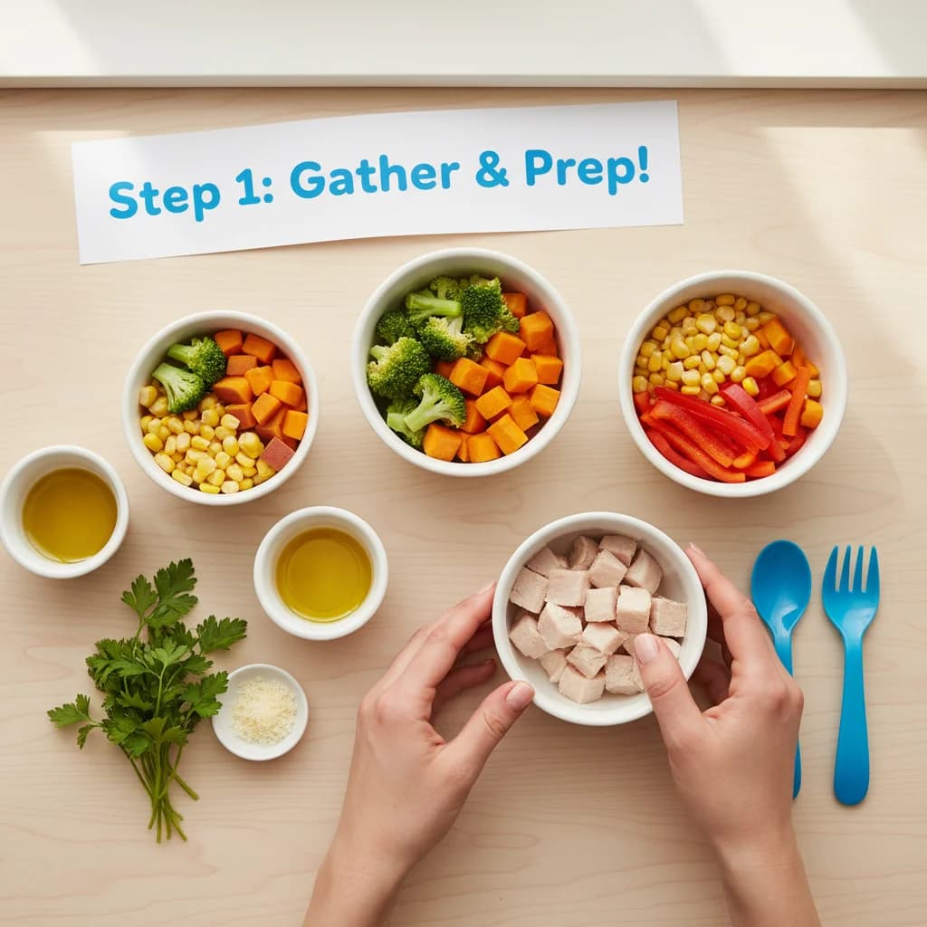 Step 1: Gather all ingredients and prepare them according to the ingredient list. Having everything prepped for Chicken Veggie Hug in a Bowl