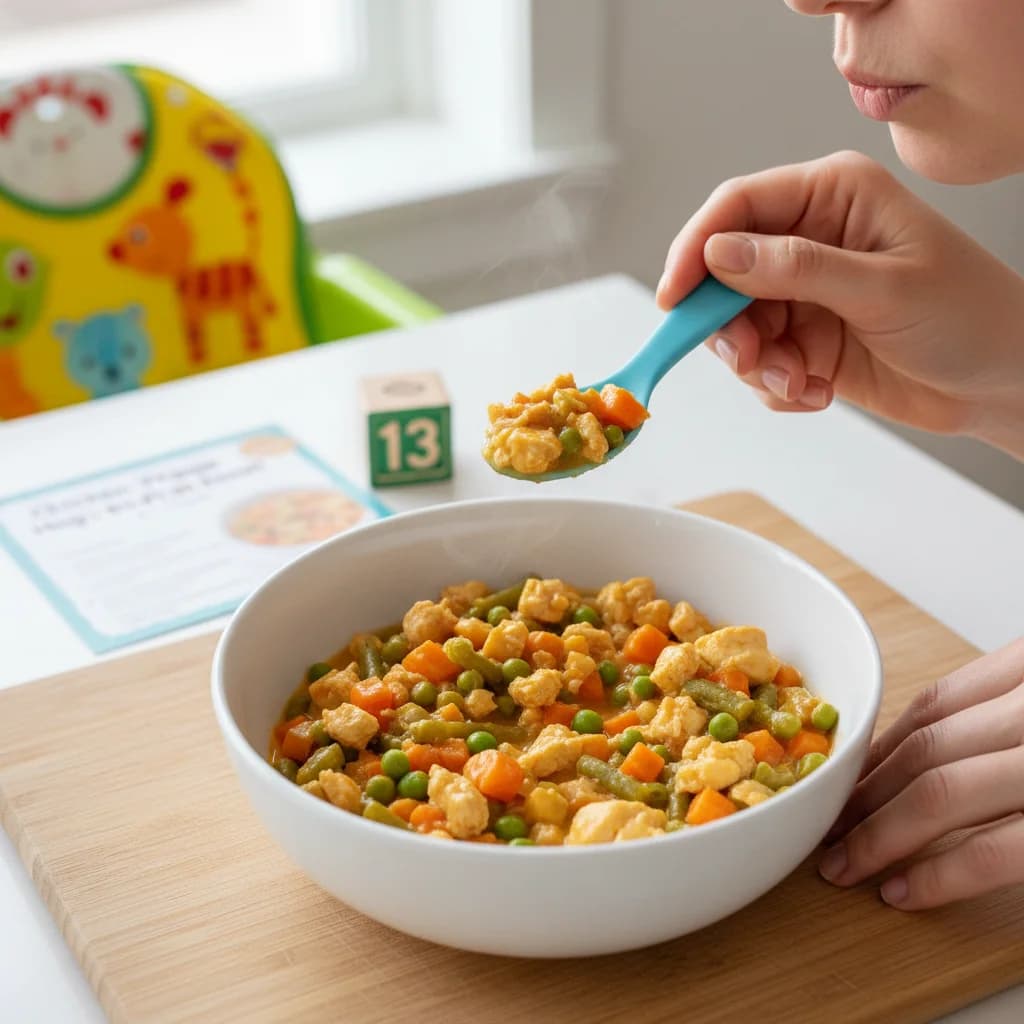 Step 13: Before serving, ensure the stew has cooled to a safe temperature for your toddler. Test a small spoo for Chicken Veggie Hug in a Bowl