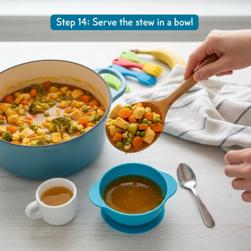 Step 14: Serve the stew in a bowl. You can offer the broth separately in a small cup or spoon. Encourage your for Chicken Veggie Hug in a Bowl