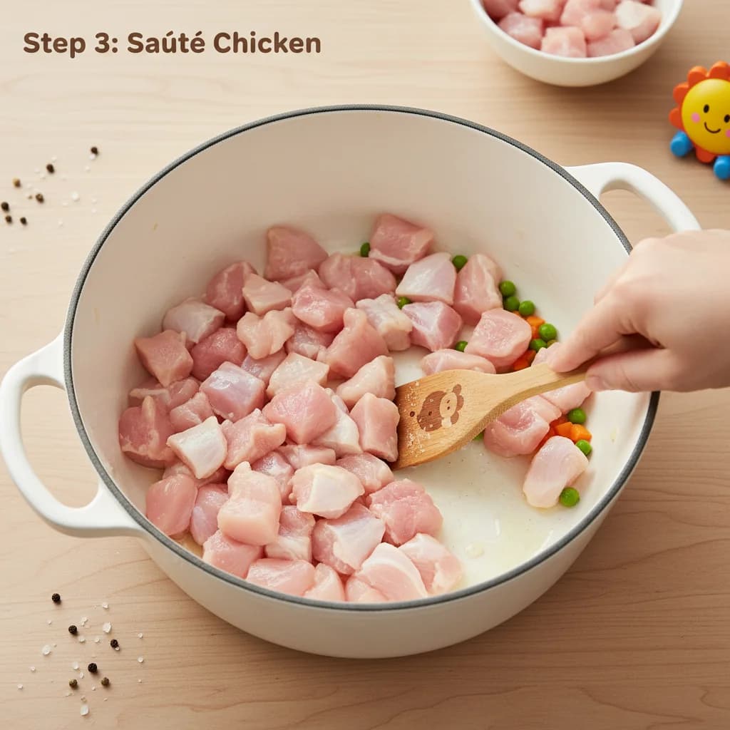 Step 3: Add the cubed chicken to the pot and sauté for 2-3 minutes, stirring occasionally, until the chicken for Chicken Veggie Hug in a Bowl
