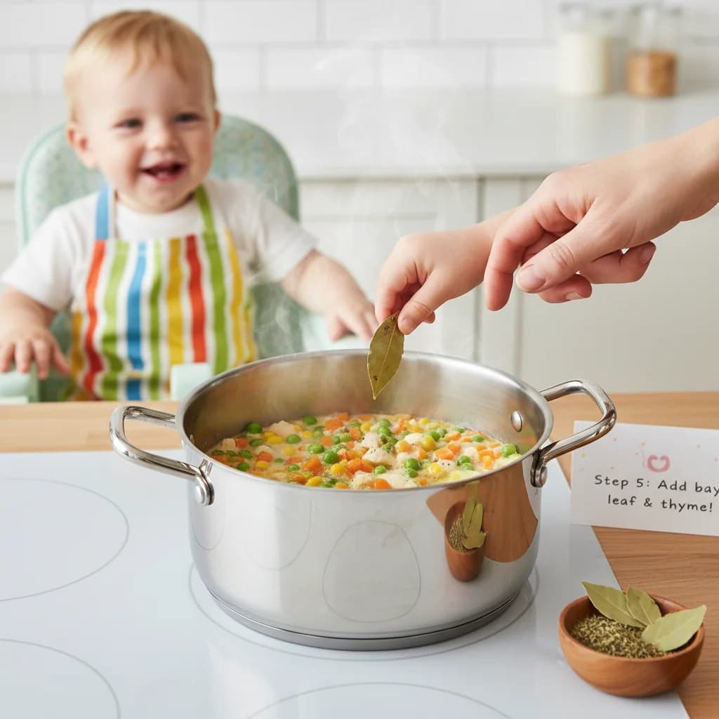 Step 5: If using, add the bay leaf and/or dried thyme to the pot for added flavor. for Chicken Veggie Hug in a Bowl