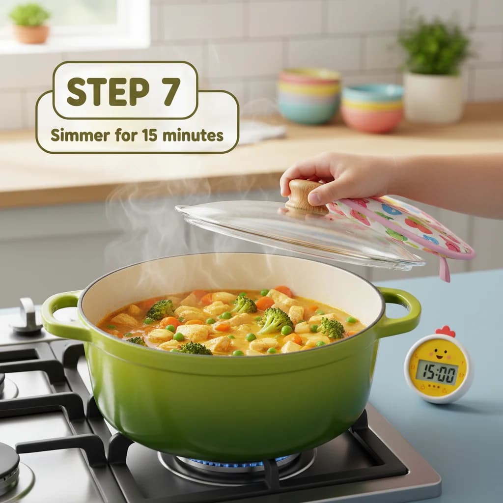 Step 7: Bring the mixture to a gentle boil, then reduce the heat to low. Cover the pot and simmer for 15 min for Chicken Veggie Hug in a Bowl