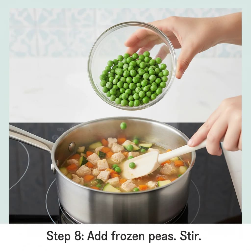 Step 8: After 15 minutes, add the frozen peas to the pot. Stir to combine. for Chicken Veggie Hug in a Bowl