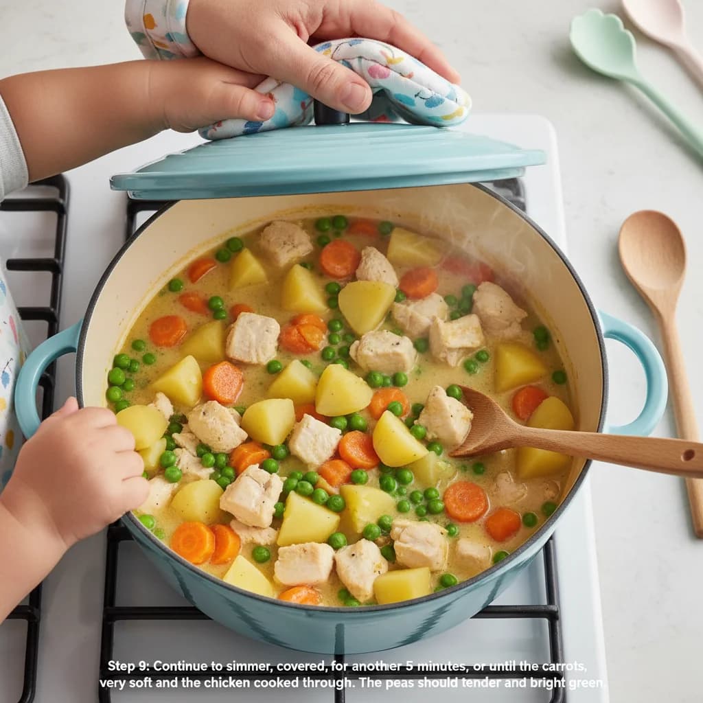 Step 9: Continue to simmer, covered, for another 5 minutes, or until the carrots and potatoes are very soft for Chicken Veggie Hug in a Bowl