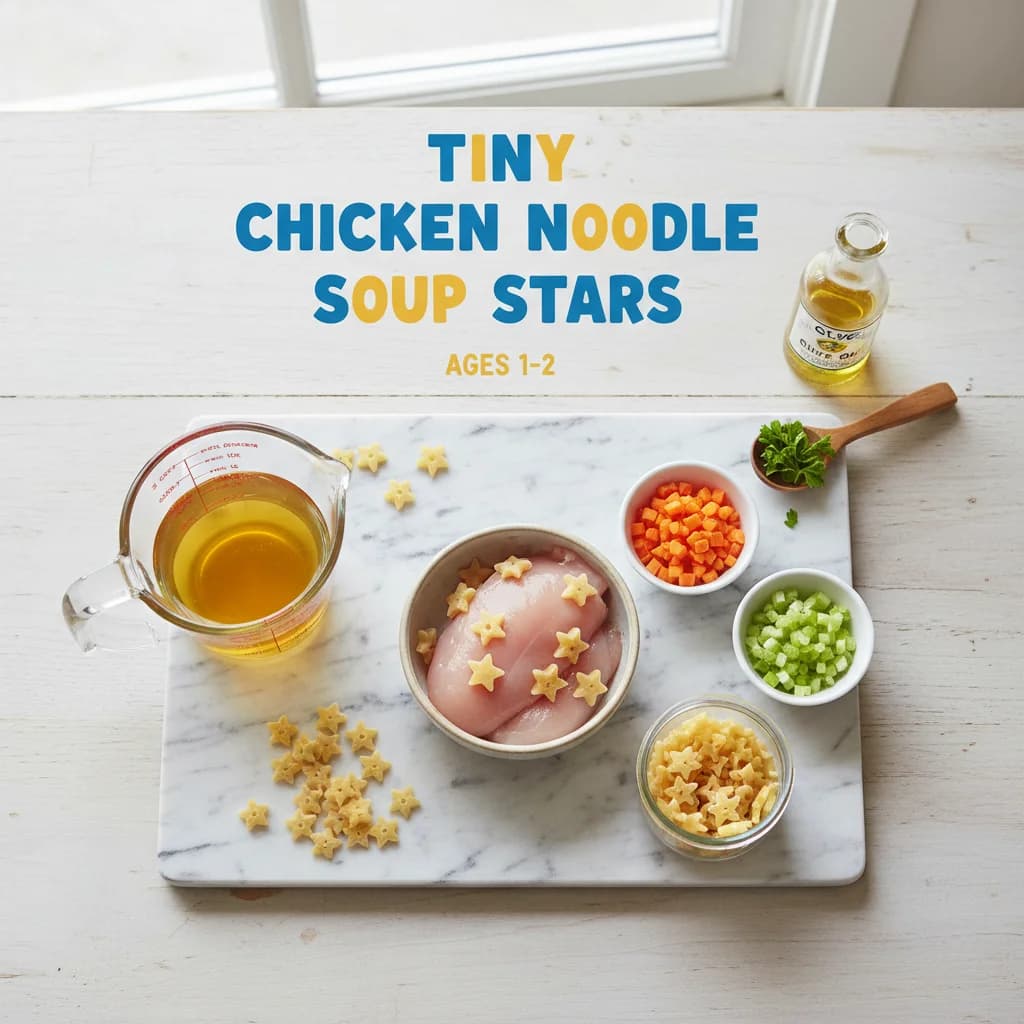 All ingredients needed for Tiny Chicken Noodle Soup Stars arranged on a clean surface