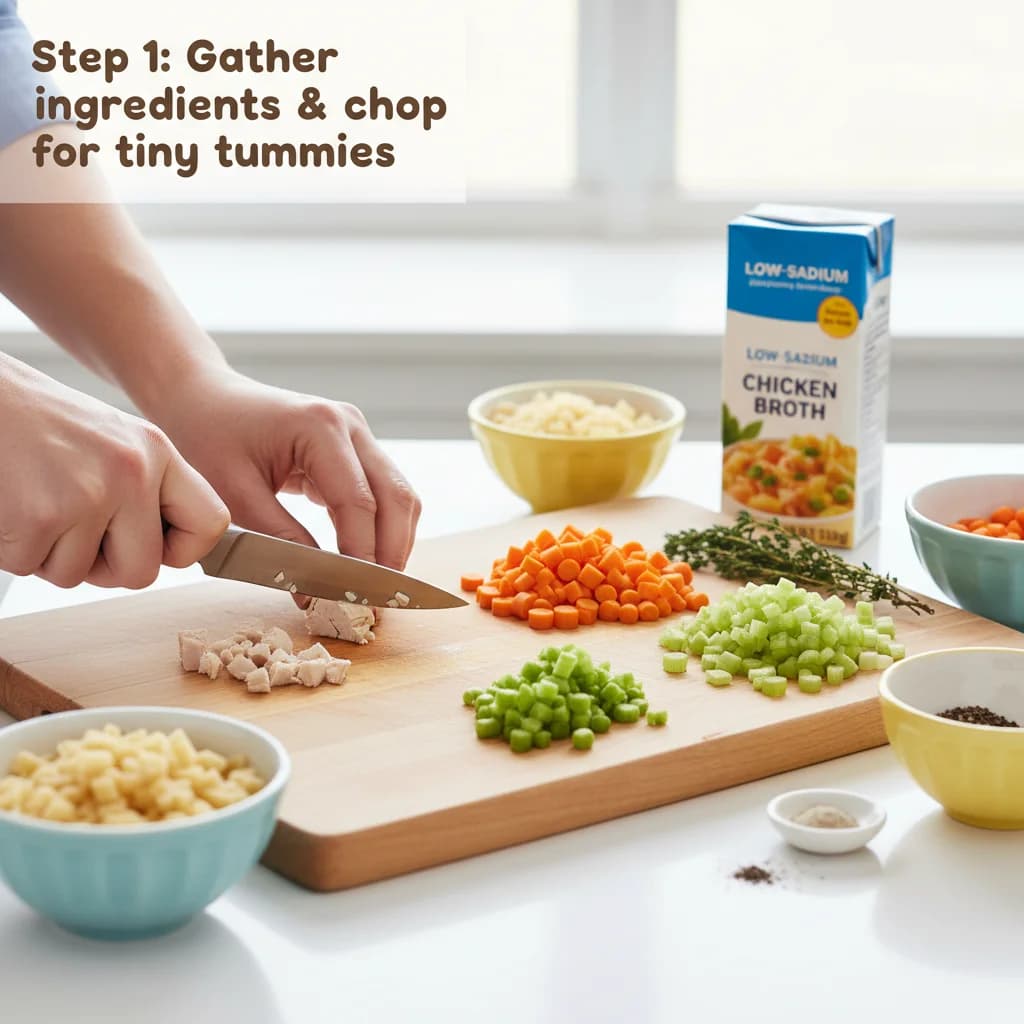 Step 1: Gather all ingredients and chop the chicken, carrot, and celery into very small, manageable pieces f for Tiny Chicken Noodle Soup Stars