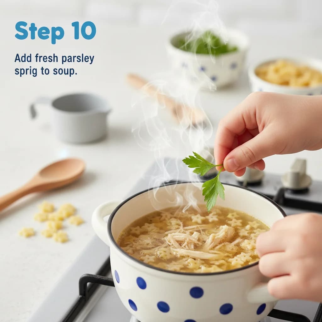 Step 10: If using fresh parsley, add the sprig to the soup during the last few minutes of cooking for flavor. for Tiny Chicken Noodle Soup Stars
