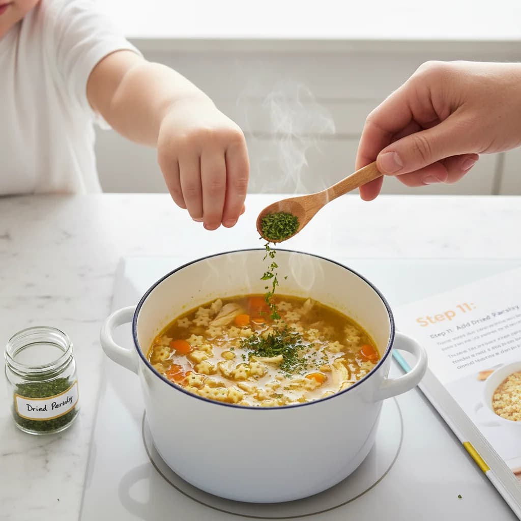 Step 11: If using dried parsley, add it to the soup during the last few minutes of cooking. for Tiny Chicken Noodle Soup Stars