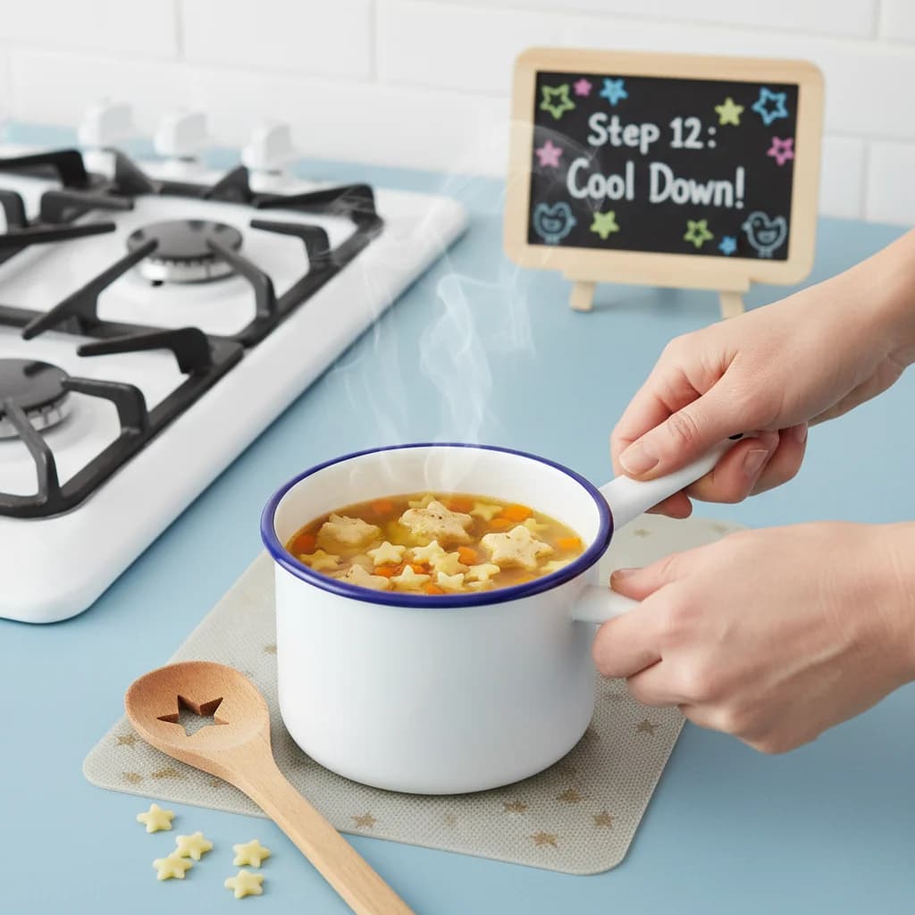 Step 12: Carefully remove the pot from the heat and let the soup cool down considerably. Soup can be very hot for Tiny Chicken Noodle Soup Stars