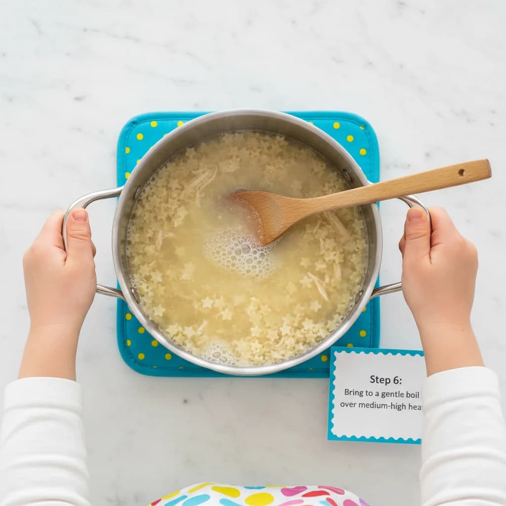 Step 6: Bring the mixture to a gentle boil over medium-high heat. for Tiny Chicken Noodle Soup Stars
