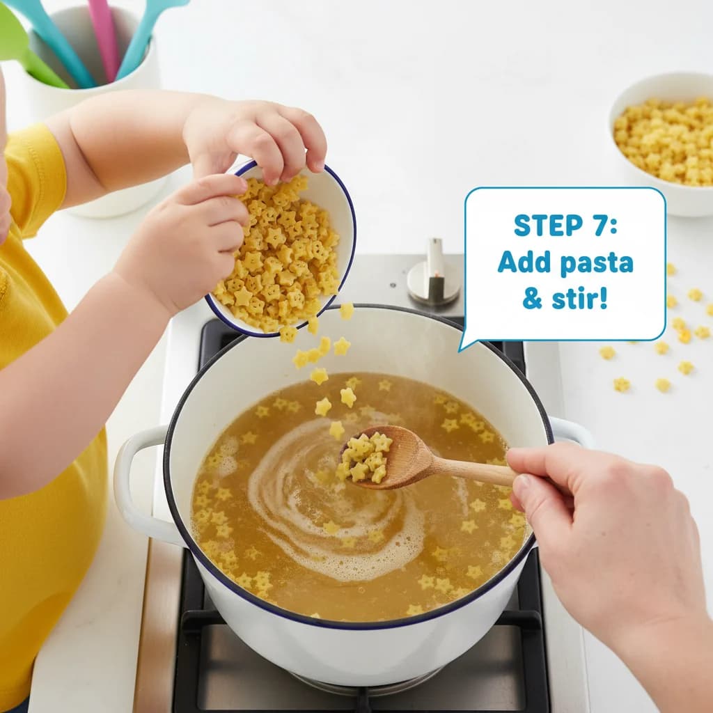 Step 7: Once boiling, add the small pasta to the pot. Stir well to prevent sticking. for Tiny Chicken Noodle Soup Stars