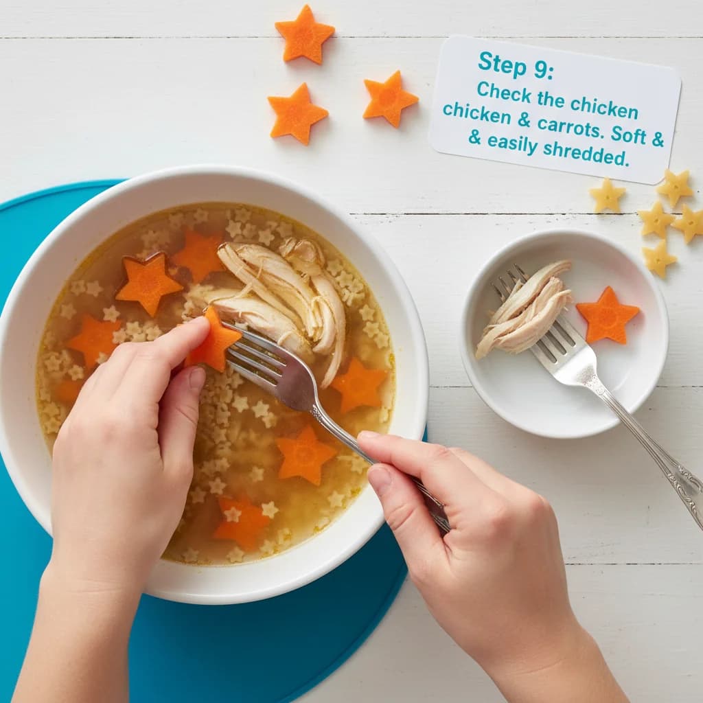 Step 9: Check the chicken and carrots to ensure they are cooked through and soft. The chicken should be easi for Tiny Chicken Noodle Soup Stars