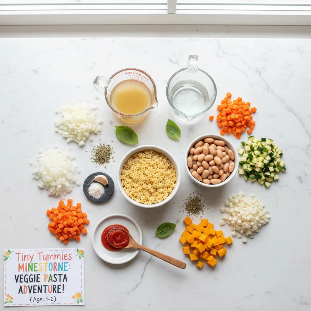 All ingredients needed for Tiny Tummies Minestrone: Veggie Pasta Adventure! arranged on a clean surface