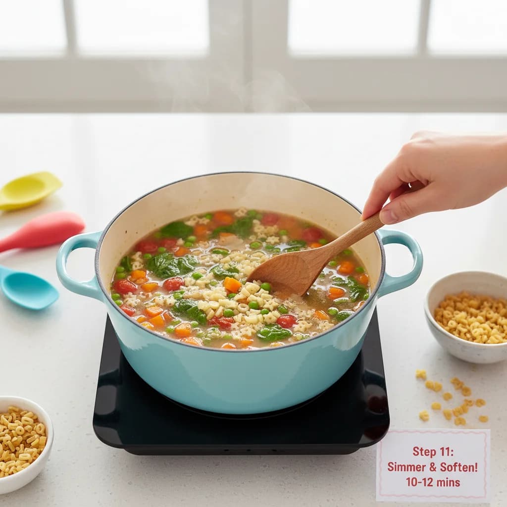 Step 11: Reduce the heat to low and simmer for 10-12 minutes, or until the pasta is cooked through and the ve for Tiny Tummies Minestrone: Veggie Pasta Adventure!