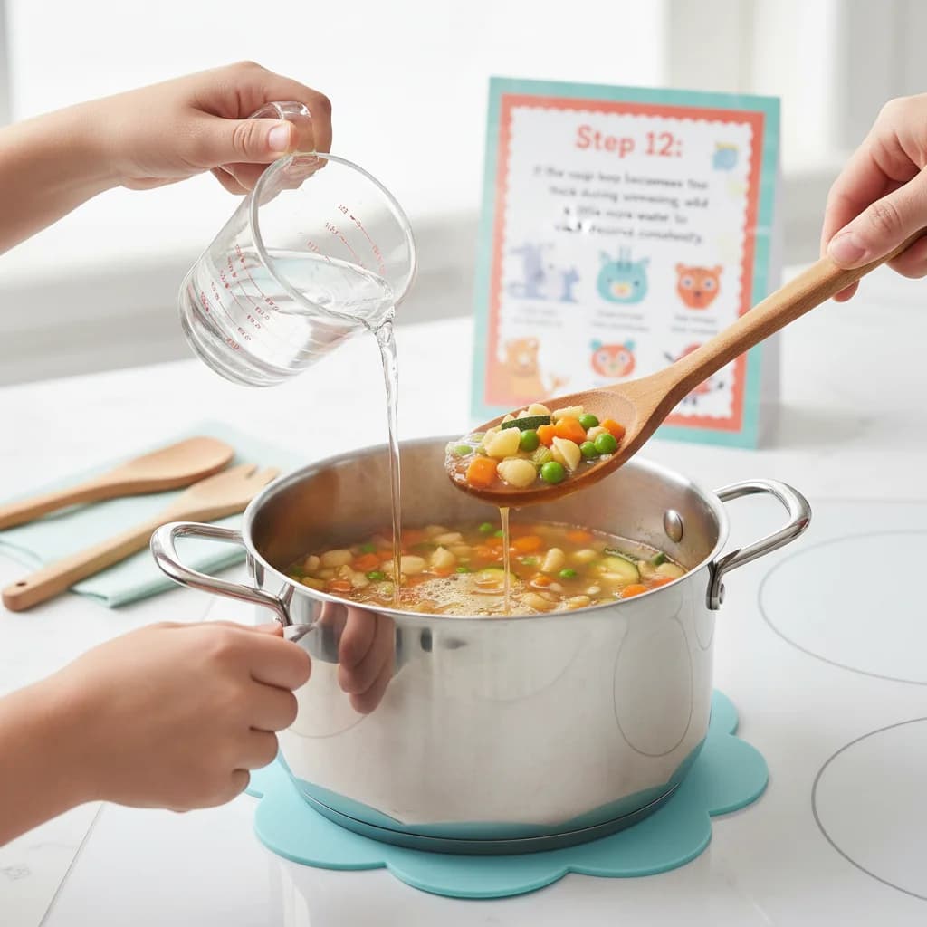 Step 12: If the soup becomes too thick during simmering, add a little more water to reach desired consistency for Tiny Tummies Minestrone: Veggie Pasta Adventure!
