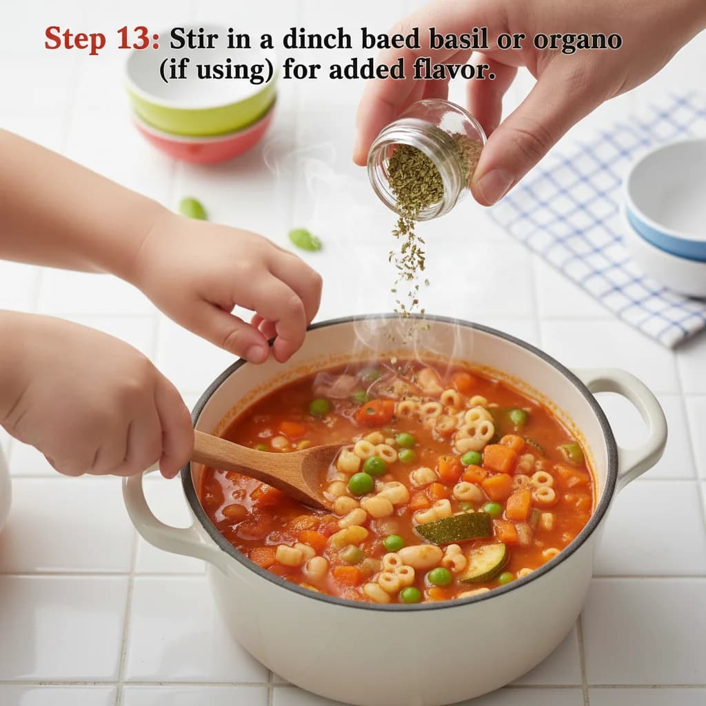 Step 13: Stir in a pinch of dried basil or oregano (if using) for added flavor. for Tiny Tummies Minestrone: Veggie Pasta Adventure!