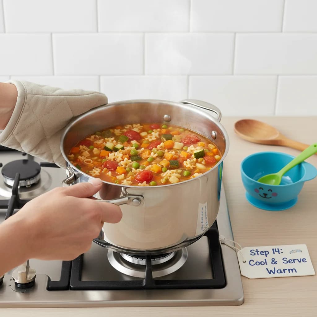 Step 14: Remove the pot from the heat and let the soup cool slightly before serving. Ensure the soup is warm, for Tiny Tummies Minestrone: Veggie Pasta Adventure!