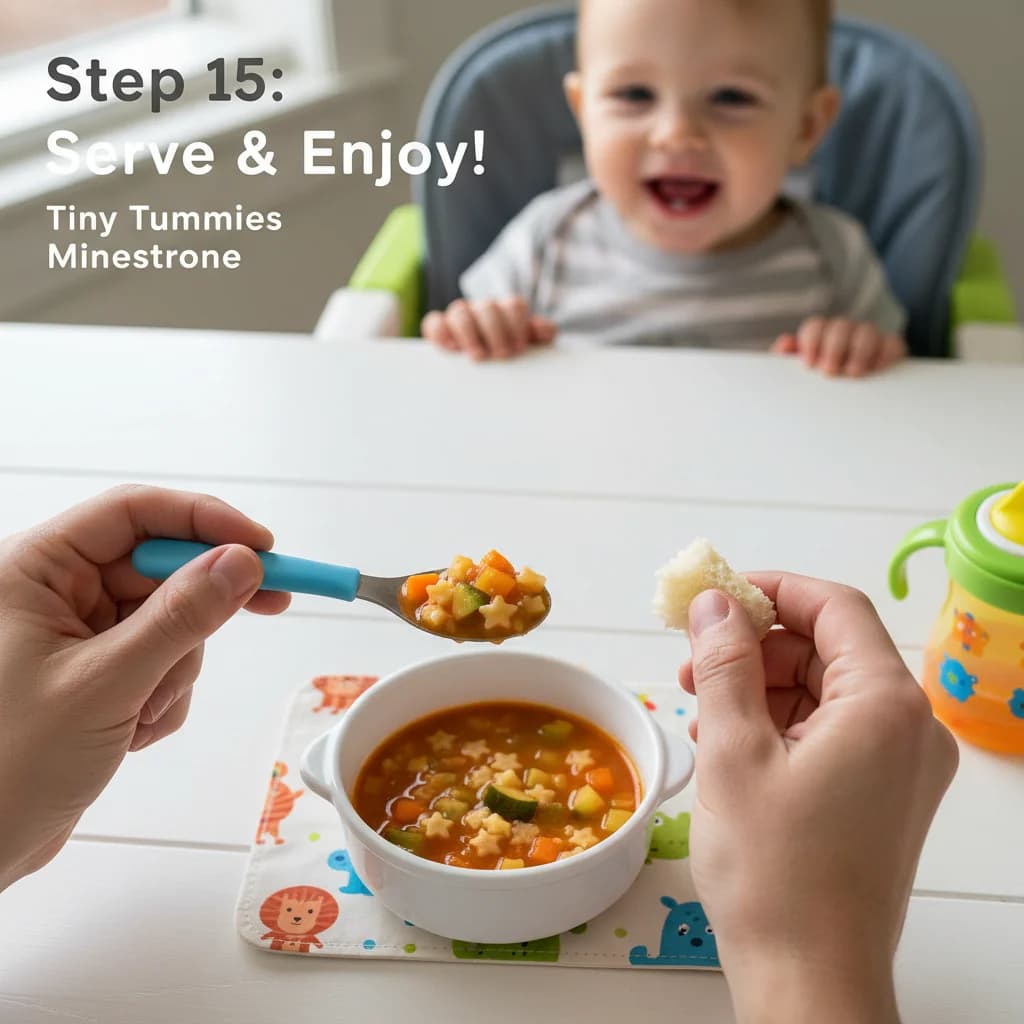 Step 15: Serve warm, spoon-feeding the broth and offering the soft veggies and pasta pieces to your toddler. for Tiny Tummies Minestrone: Veggie Pasta Adventure!