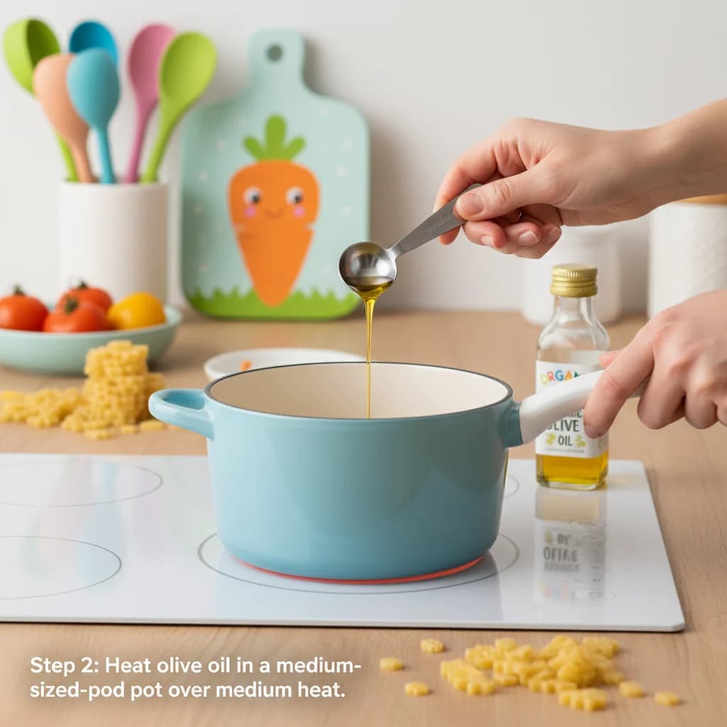 Step 2: Heat olive oil in a medium-sized pot over medium heat. for Tiny Tummies Minestrone: Veggie Pasta Adventure!