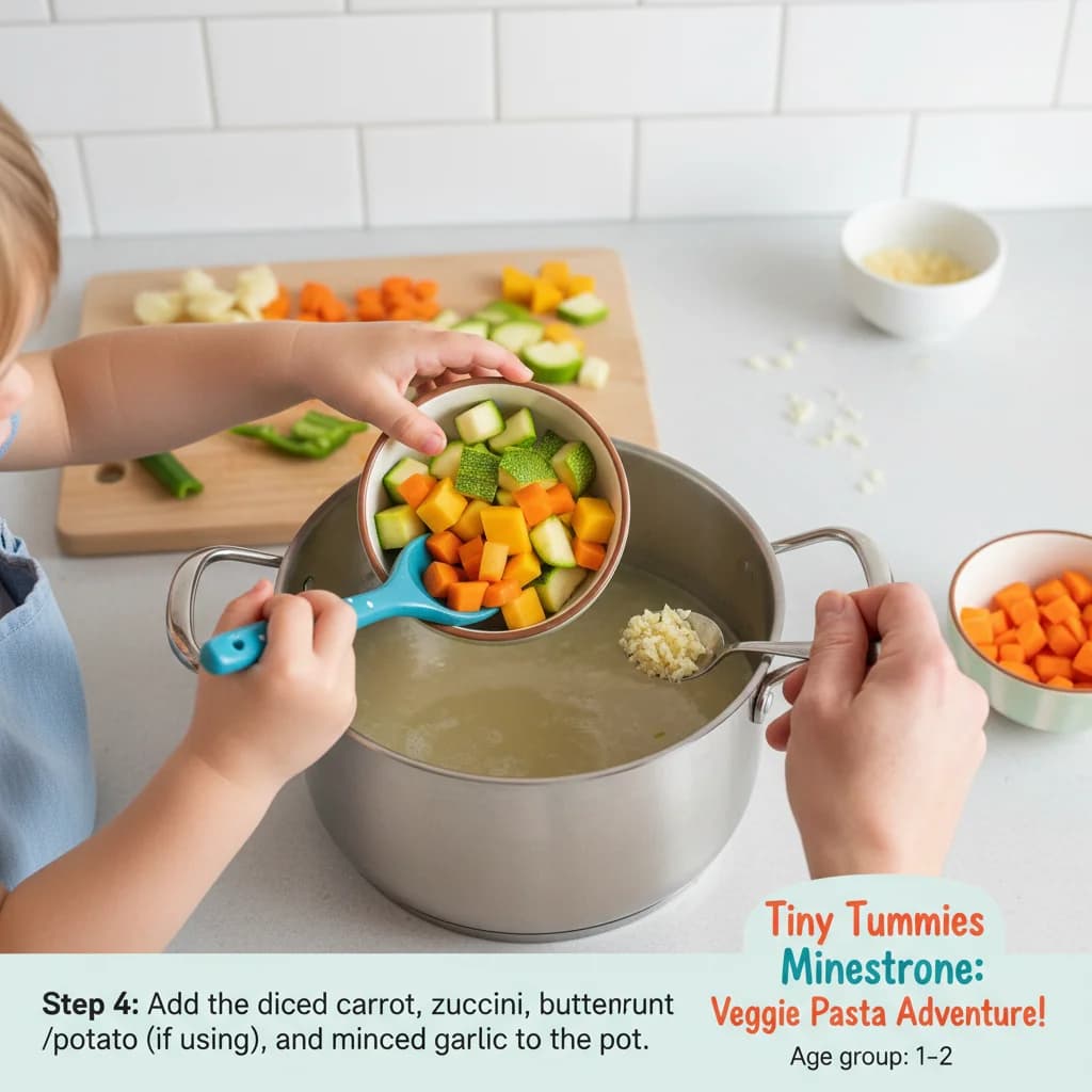 Step 4: Add the diced carrot, zucchini, butternut squash/potato (if using), and minced garlic to the pot. for Tiny Tummies Minestrone: Veggie Pasta Adventure!