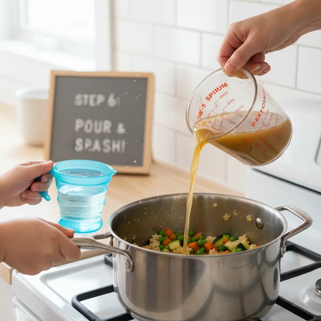 Step 6: Pour in the low-sodium vegetable or chicken broth and water into the pot. for Tiny Tummies Minestrone: Veggie Pasta Adventure!