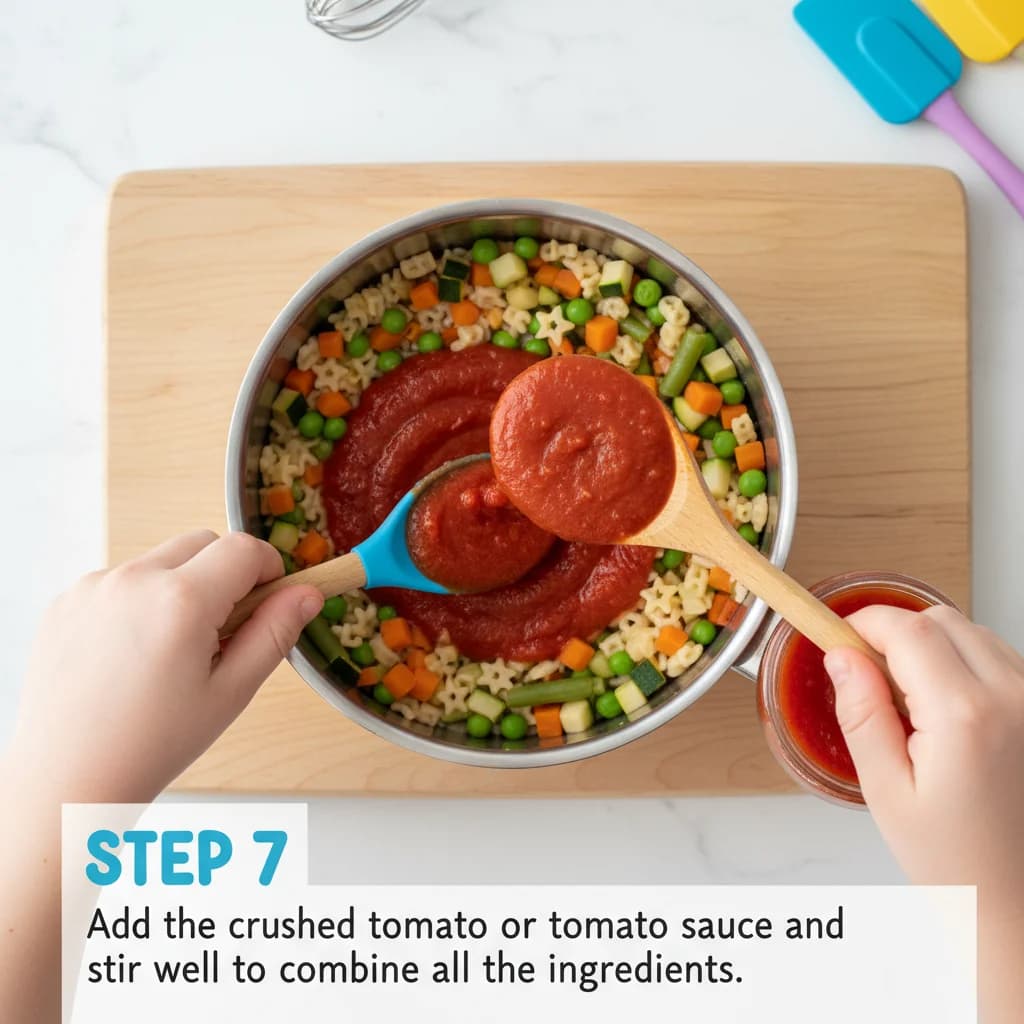 Step 7: Add the crushed tomato or tomato sauce and stir well to combine all the ingredients. for Tiny Tummies Minestrone: Veggie Pasta Adventure!